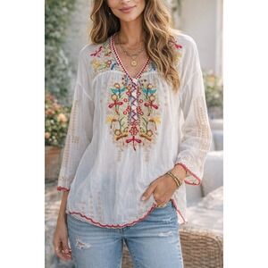 Johnny Was White Embroidered Dragonfly Floral Boho Blouse Top Medium
